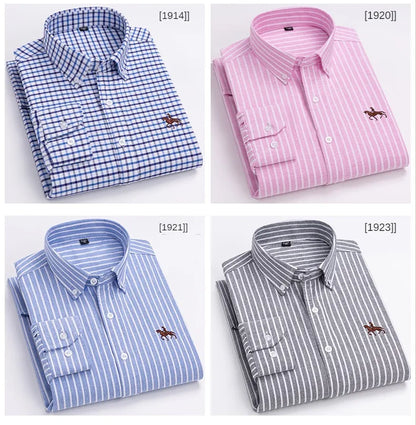 100% Pure Cotton Men's Long Sleeve Shirt Business Casual Solid Color Embroidered Oxford Spun Shirt