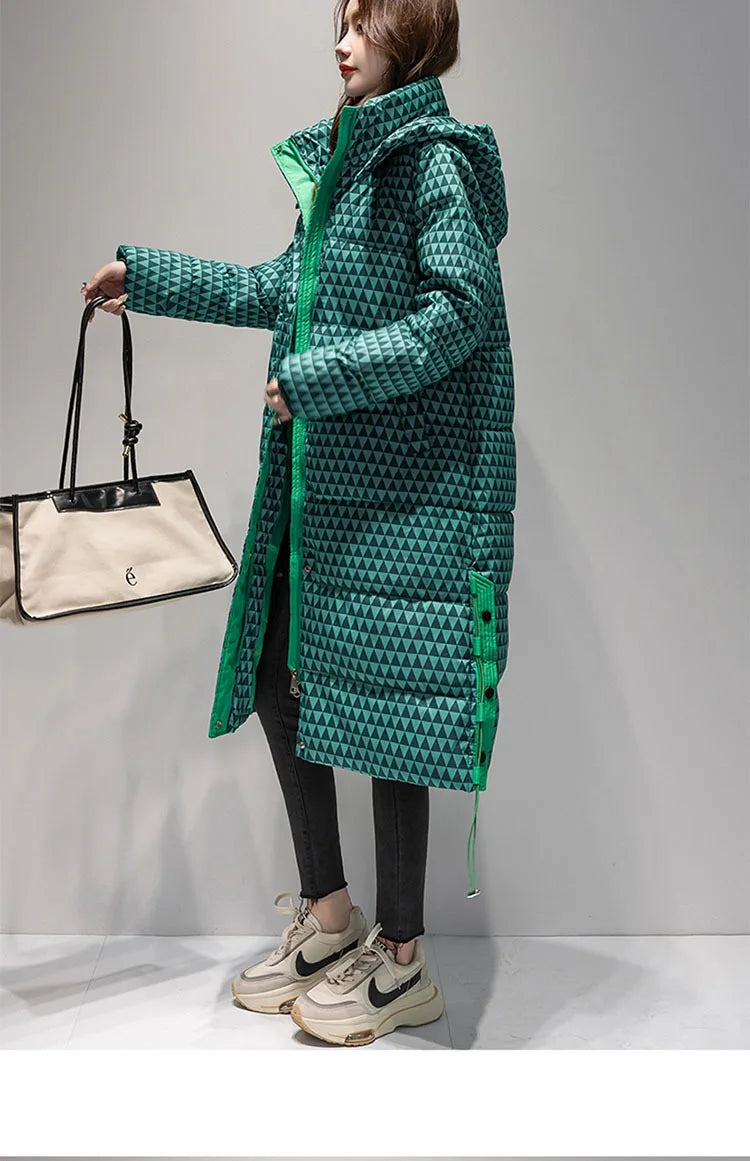 2023 Winter Warm  Plaid Long  Coat Women ' s Fashion Thicken Hooded Puffer Jacket Female Windproof Warm Outwear