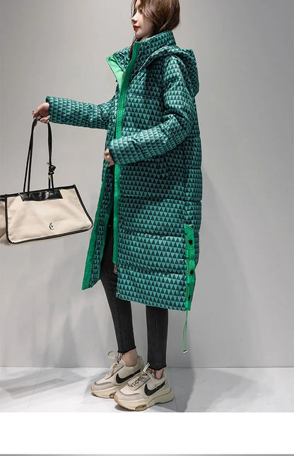2023 Winter Warm  Plaid Long  Coat Women ' s Fashion Thicken Hooded Puffer Jacket Female Windproof Warm Outwear