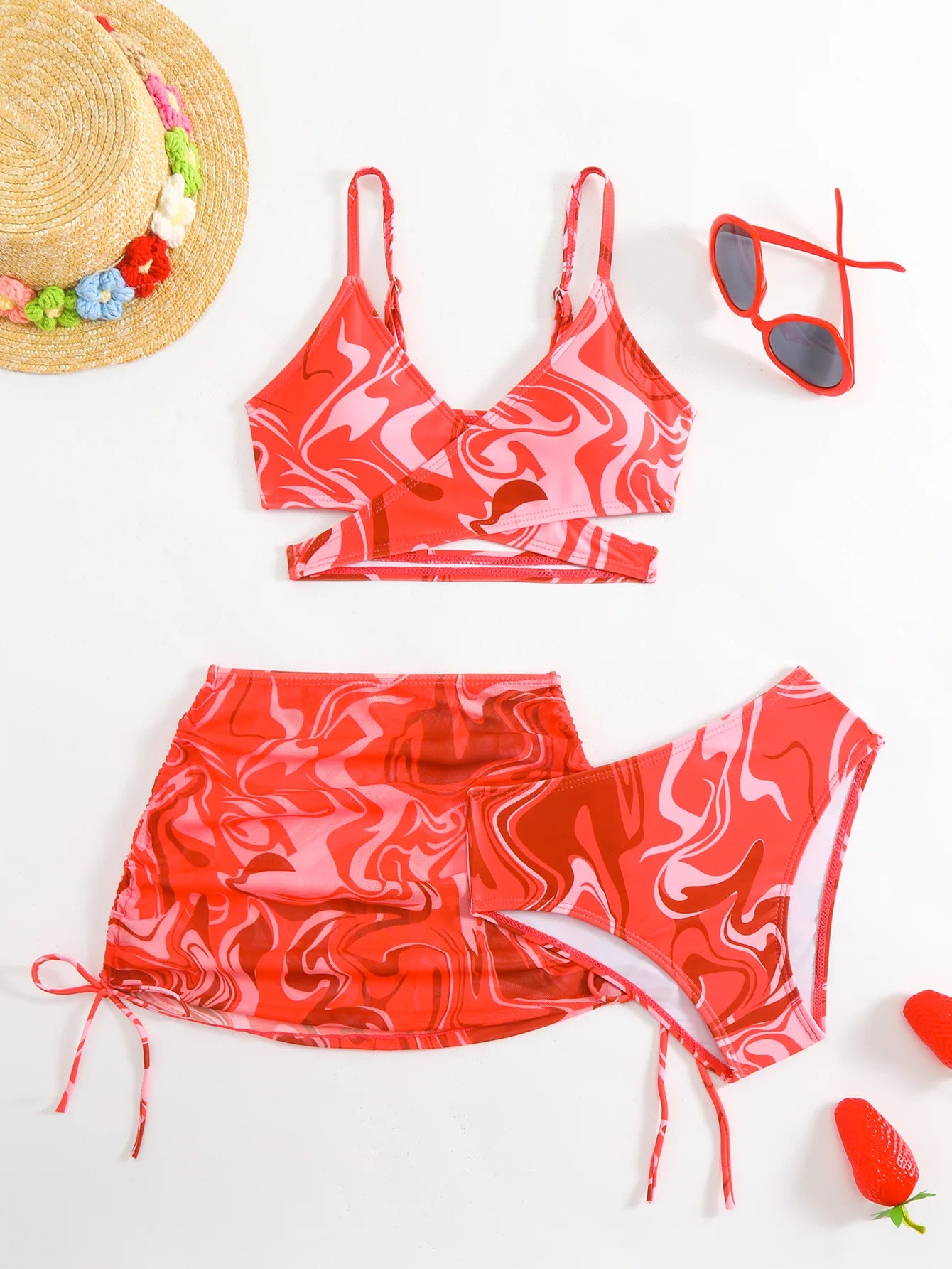 3pcs Swimming Suit for Girls Summer Beach Dress Swimsuit Tie-dye Printed Skirted Bikini Set Kids Bathing Suit