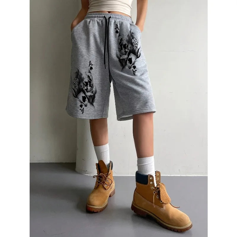 Women's Street Retro Men's and Women's Fashionable Skull Print Five Quarter Shorts Loose Shorts Summer New Style