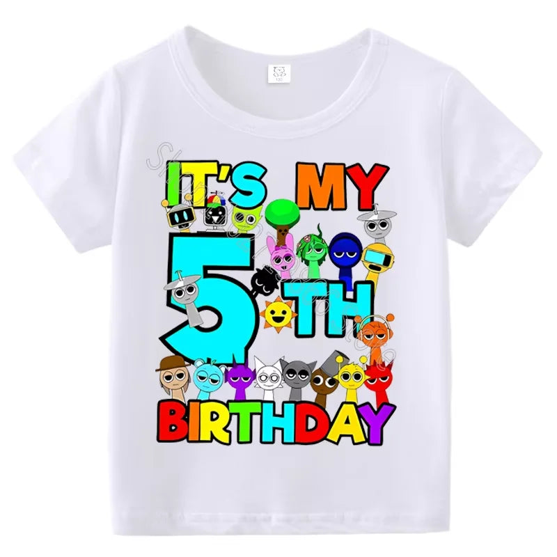 Kids Birthday Cute Cartoon Characters Graphic T-Shirt, Soft Cotton Crew Neck Tee, Casual Party Wear for Boys & Girlsdf0019