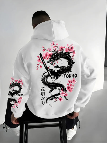 Japan Men Women Anime Dragon Sakura Print Hoodie Street Harajuku Y2K Sports Casual Loose Autumn Winter Warm Sweatshirt Clothing