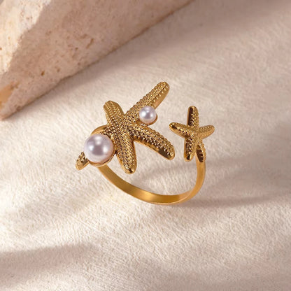 Ocean Starfish Shell Open Rings For Women Gold Color Stainless Steel Ring Summer Beach Aesthetic Waterproof Jewelry Gift
