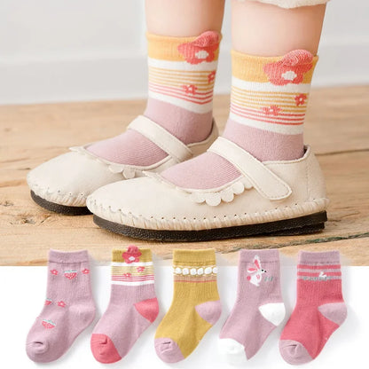 5 Pairs of Four-season Baby Socks Spring & Fall Cartoon Kitten Winter Mid-tube Socks Boys and Girls  Socks Toddler