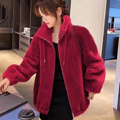 Women Winter Coat - Warm Double Coral Fleece Zipper Closure Jacket With Stand Collar