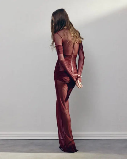 Mesh Patchwork Dress - Elegant Bodycon Evening Gown With Long Sleeves & Double Layer Design