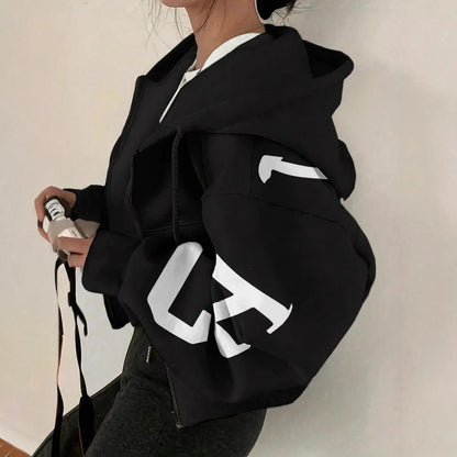 Women Y2K Crop Zip Up Hoodie Letter Print Oversized Long Sleeve Hooded Sweatshirt Casual Streetwear Short Jacket Outerwear