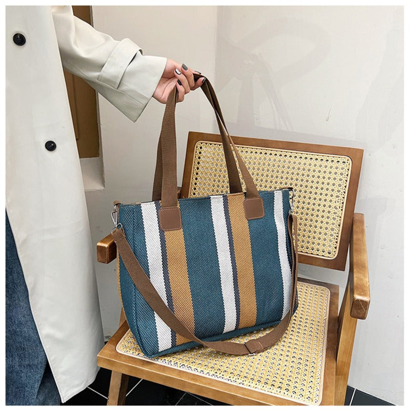 Striped Canvas Tote - Women's Crossbody Shoulder Bag With Zipper Closure, Versatile Daily Use