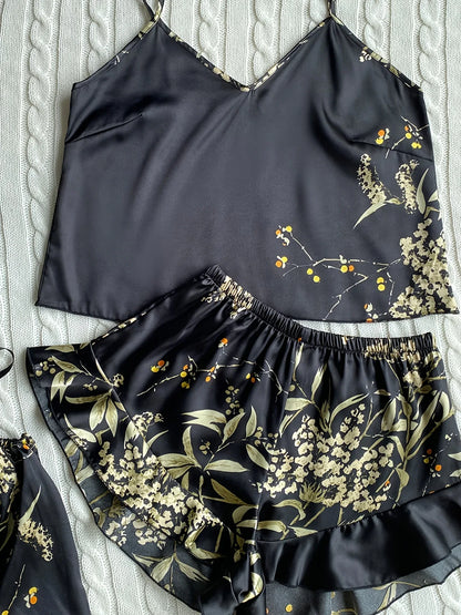 Elegant Floral Print Cami Tops Ruffle Hem Shorts Pajama Set  Women's Sleepwear Loungewear