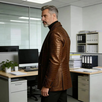 Men's Crocodile Embossed Leather Blazer Double Breasted Business Casual Brown Jacket Office Wear Formal Plus Size  Suit Coat
