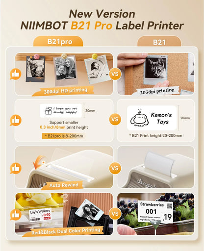Niimbot B21 Pro 300DPI Portable Printer Thermal Label Bluetooth Sticker Maker For Business Home, Print Barcode Photo Note Label