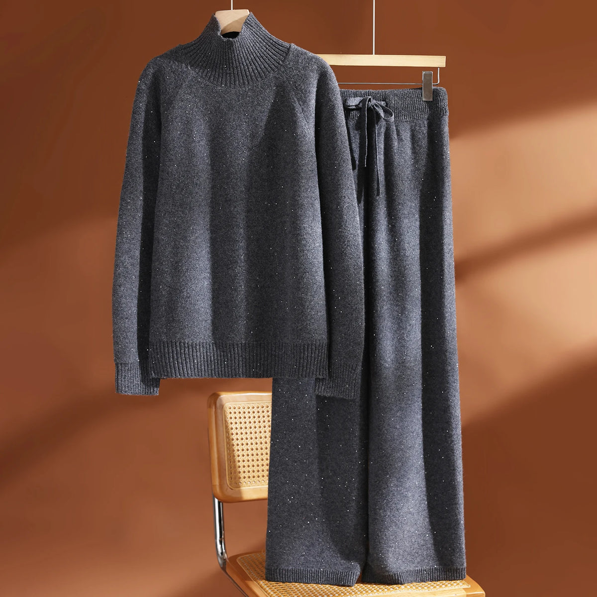 Autumn Winter Women's Sequins 100% Wool Knitted Turtleneck Pullover Sweater Wide Leg Pants Set Thick Casual Cashmere Knit Set