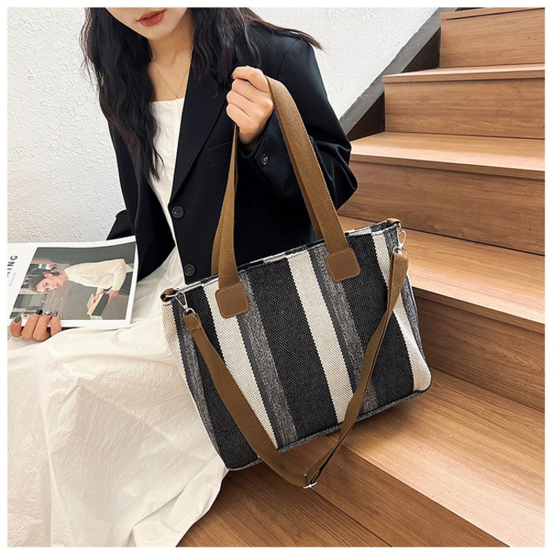 Striped Canvas Tote - Women's Crossbody Shoulder Bag With Zipper Closure, Versatile Daily Use