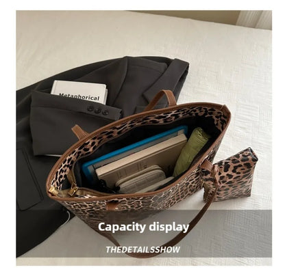Leopard Print Tote Bag - Women's PU Leather Large Capacity Casual Travel Purse