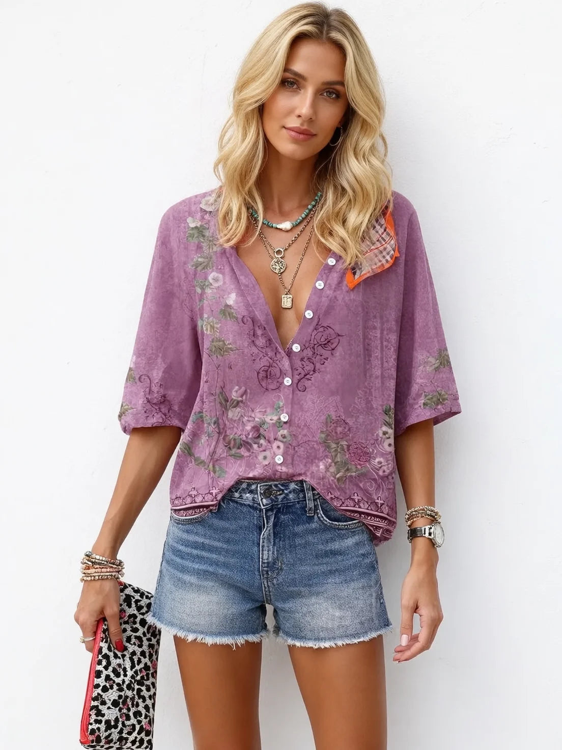 Western leisure vacation ethnic style geometric print three-quarter sleeve women's shirt
