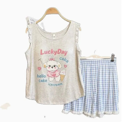 Women's summer sleepwear with chest cushion vest set cartoon cute and high-end home clothes