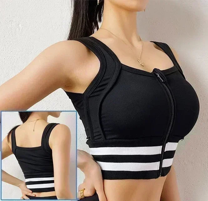 Front Zipper Sports Bra - Women's Athletic Crop Top, Push Up Wireless Fitness Tank