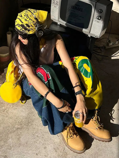American Style Jeans Big Size Heavy Sticker Fabric Wide Leg Mopping High Waisted Jeans Men and Women Trendy Hip Hop Gothic Pants