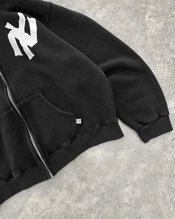 Y2K Harajuku Fashion Letter Pattern Printed Hooded Sweatshirt Hip Hood Casual Loose Men and Women Oversized Zipper Sweatshirt