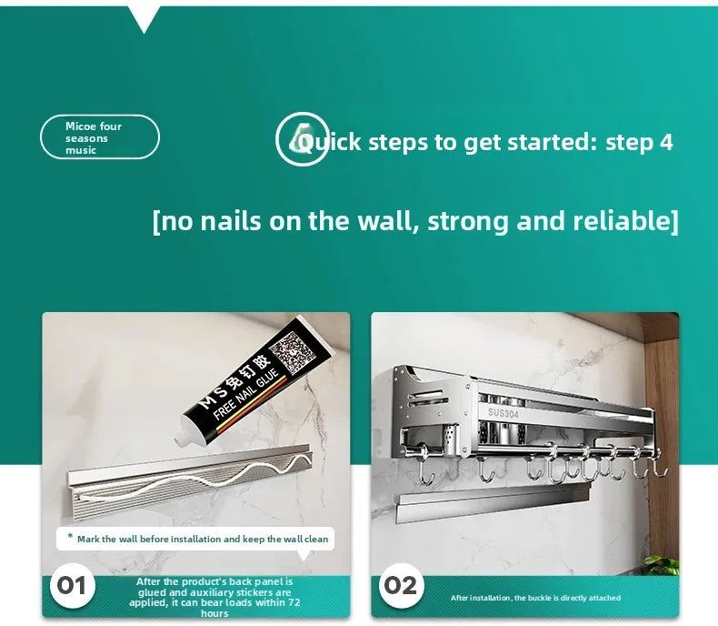 Stainless Steel Wall-Mounted Kitchen Storage Rack No-Drill Spice Shelf Knife Holder Condiment Organizer for Kitchen Counter