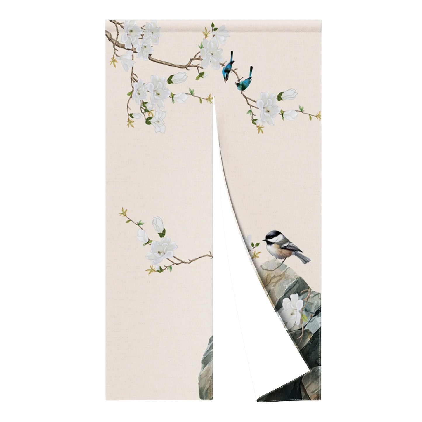 Japanese Door Curtain - Cherry Blossom Curtain With Kanagawa Wave Design | Linen Door Panel