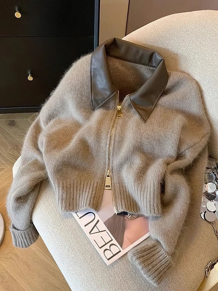 Patchwork Zipper Cropped Cardigan Women 400g Thick Autumn Knitted Sweater Jacket Vintage 2000s Short Fitted Knitwear Coat
