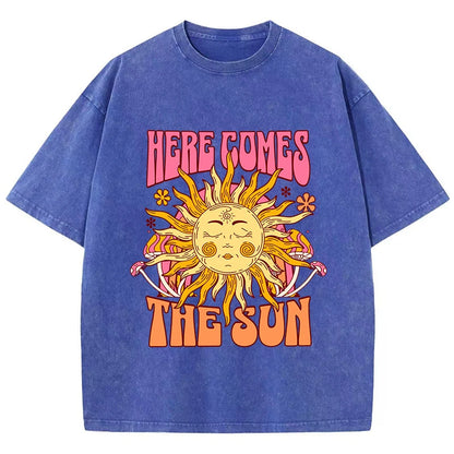 Oversize Women's Washed T-Shirt Cotton Here Comes The Sun Prints T Shirts Casual O-Neck Short Sleeve Tops Loose Women's Clothes