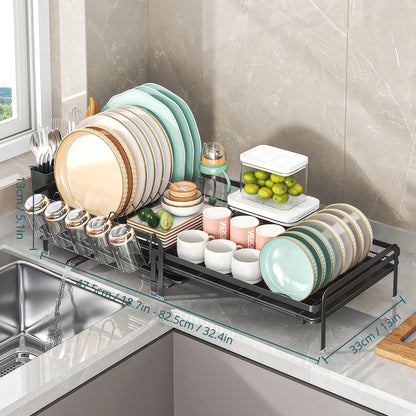 Expandable Dish Rack - Adjustable Kitchen Countertop Organizer with Utensil & Cup Holders