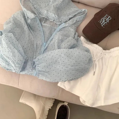 Casual Polka Dot Sun Protection Jacket Loose Fit Thin Hooded Jacket Breathable Long Bubble Sleeve Quick Dry Jacket