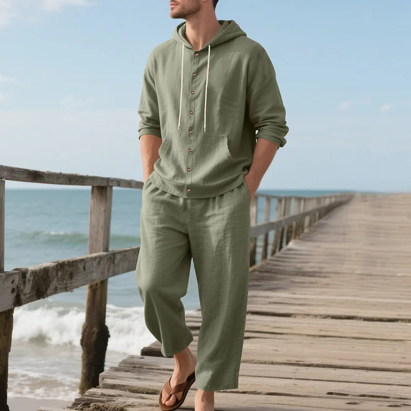 New Spring and Autumn Style Loose Men's Hoodie Set, Linen Material Beach Casual Two-Piece Suit