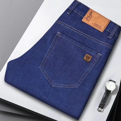 Light blue classic business jeans, fashionable breathable denim elastic pants, black blue men's straight leg jeans, sizes 28-40