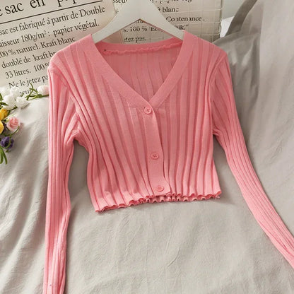 Women's Acrylic Long Sleeve V-Neck Button-Down Slim Cropped Ribbed Knit Cardigan Thin Solid Stretch Crop Top Knitwear