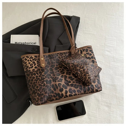Leopard Print Tote Bag - Women's PU Leather Large Capacity Casual Travel Purse