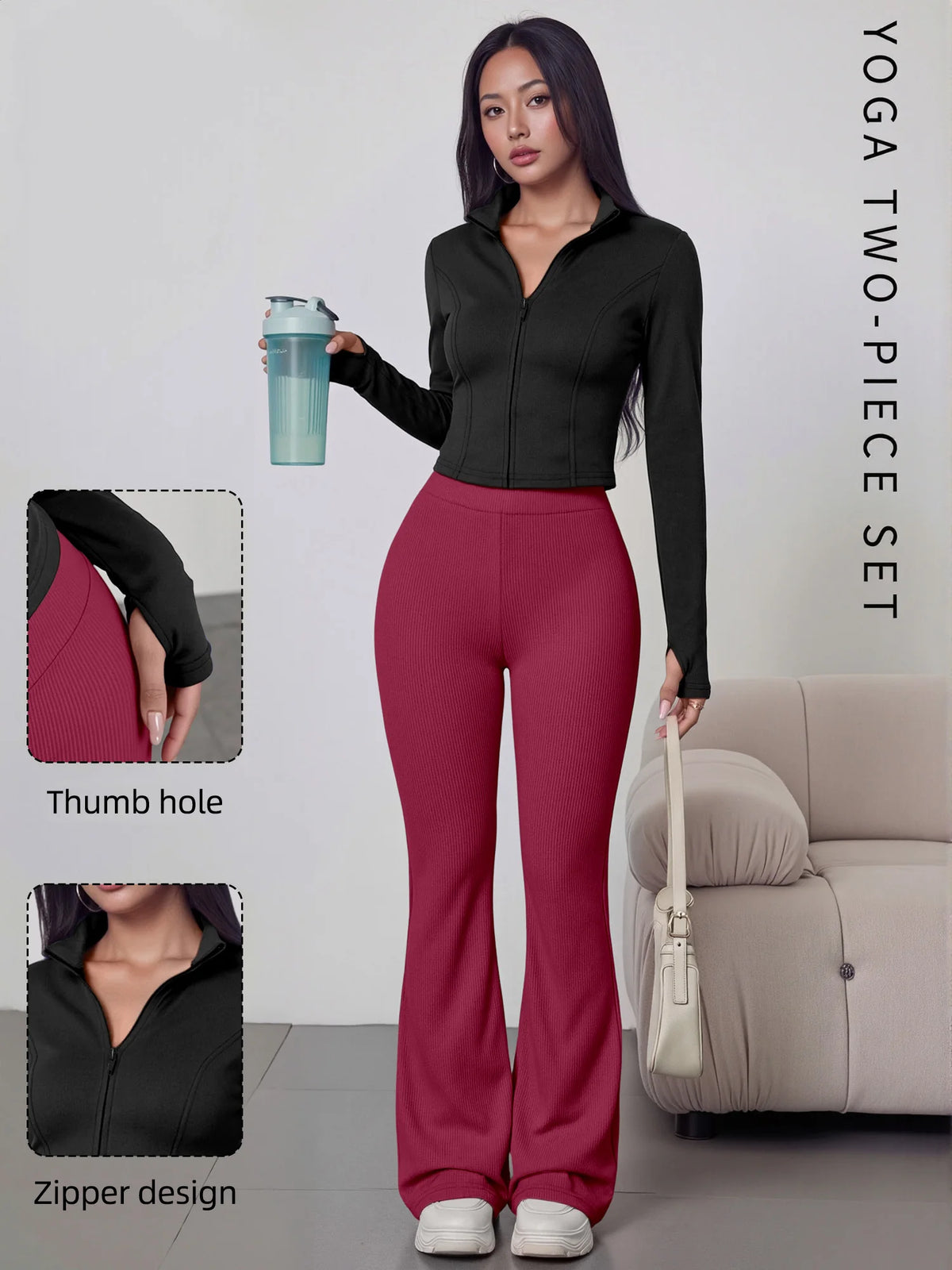 European American Women Ribbed Knit Two Piece Set, Long Sleeve Zip Top With High Waist Flare Pants, Casual Slim Daily Outfit