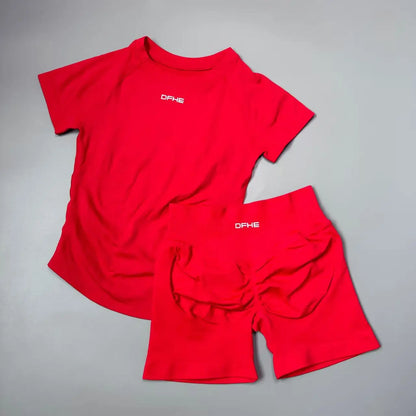 DFHE 2 Piece Athletic Tracksuit, Seamless Short Sleeve Yoga Wear, High Stretch Running Shorts, Gym Training Outfit