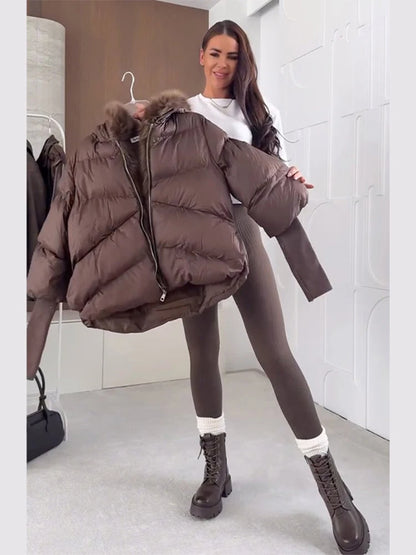 Women's Hooded Jacket - Quilted Cotton Winter Coat With Faux Fur Collar & Knitted Cuffs