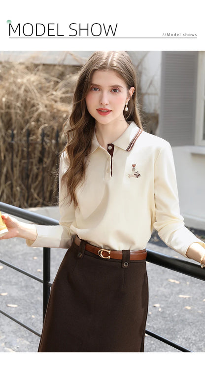 Polo Neck T-shirt - Long Sleeve Apricot Top With Embroidery Detail | Casual Women Shirt