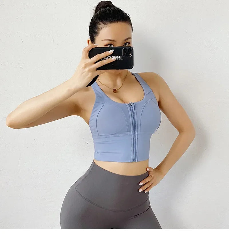 Front Zipper Sports Bra - Women's Athletic Crop Top, Push Up Wireless Fitness Tank