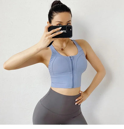 Front Zipper Sports Bra - Women's Athletic Crop Top, Push Up Wireless Fitness Tank