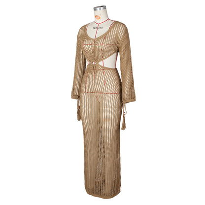 DEKA Women Knitted Backless Cover Up Swimsuit Long-sleeved Crochet Hollow Out Dress Summer Beach Vacation Outfit Beach Dress