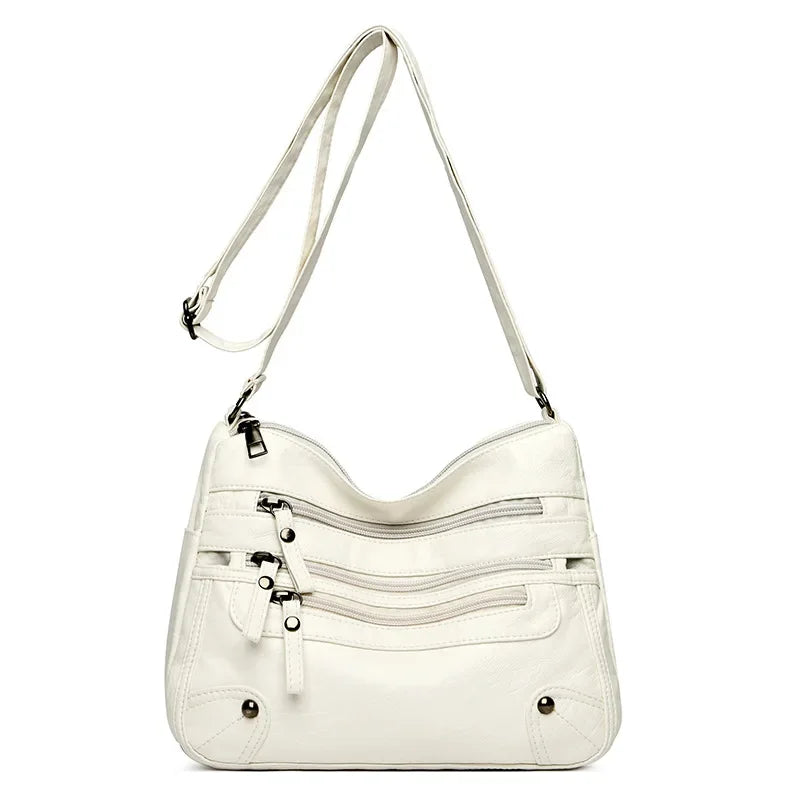Soft Leather Shoulder Bag - Women's Crossbody Double Layered Large Capacity Tote