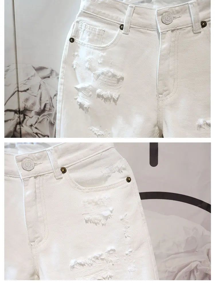 Men's Ripped Denim Shorts - Cropped Tattered White Casual Jeans With Zipper Fly Closure