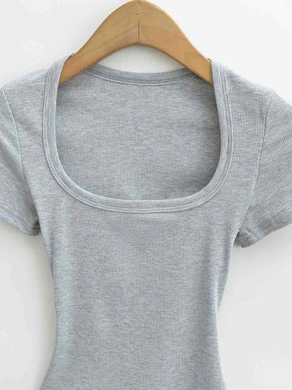 Women's Square Collar Slim Fit Crop Top High Stretch Short Sleeve Pullover Sexy Summer Blouse T-shirt Bottoming