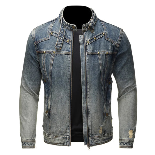 Men Rivet Denim Jacket Casual Holes Ripped Cotton Biker Coat Stand Collar Gradient Color Vintage Retro Blue Outerwear