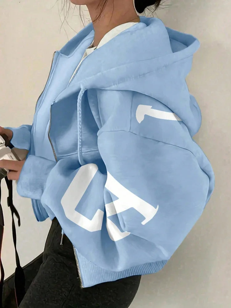 Women Y2K Crop Zip Up Hoodie Letter Print Oversized Long Sleeve Hooded Sweatshirt Casual Streetwear Short Jacket Outerwear