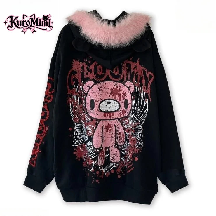 Gothic Kawaii Jirai Kei Women Distressed Gloomy Bear Print Pink Furry Trim Bear Ear Oversized Zip Hoodie Harajuku Casual Outfit