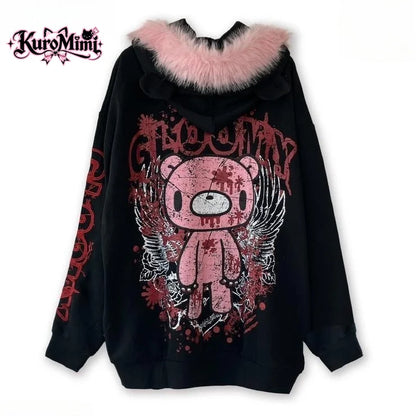 Gothic Kawaii Jirai Kei Women Distressed Gloomy Bear Print Pink Furry Trim Bear Ear Oversized Zip Hoodie Harajuku Casual Outfit