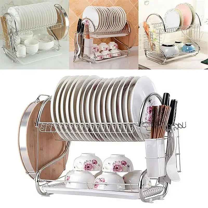 Stainless Steel Dish Rack - 2-Tier Metal Plate Holder | Rust Resistant & Space Saving