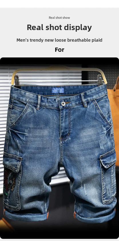 Men's Denim Shorts - Multi-Pocket Cargo Summer Jeans | Loose Fit, Midweight Fabric
